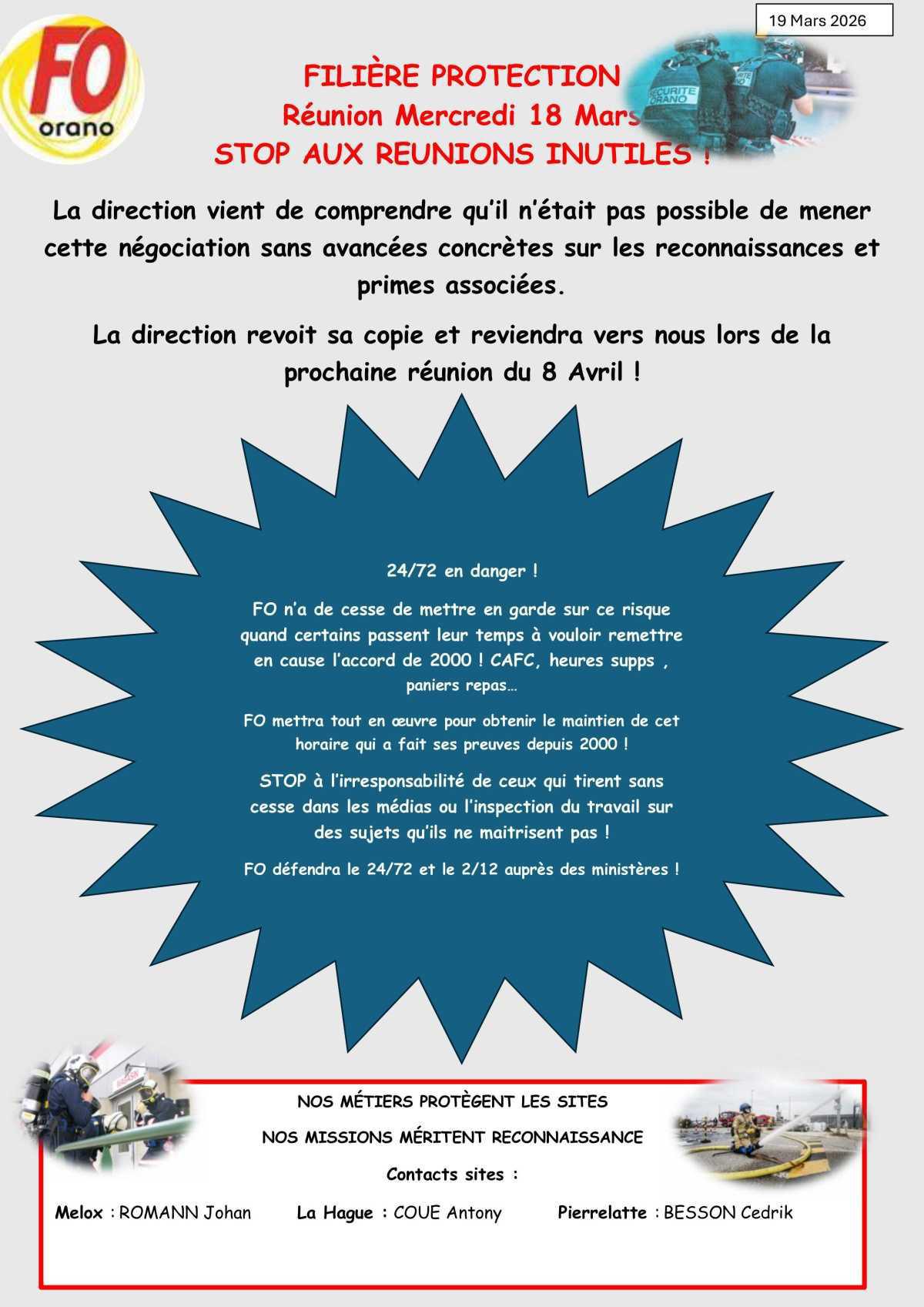 Filière protection : la réunion du 18 tourne court. inquiétude sur les horaires dérogatoires !