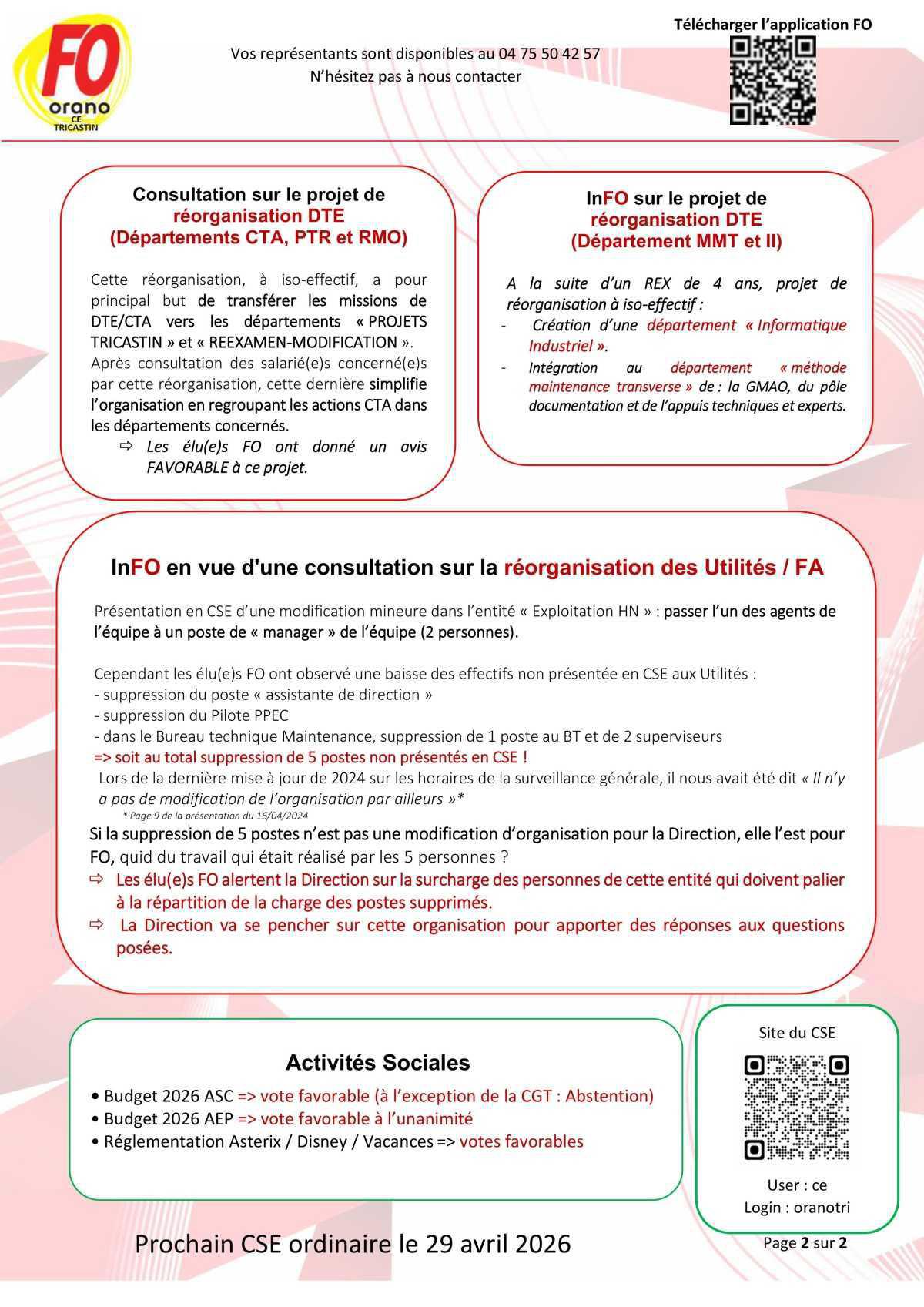 InFOs : compte rendu CSE du 24 mars 2026