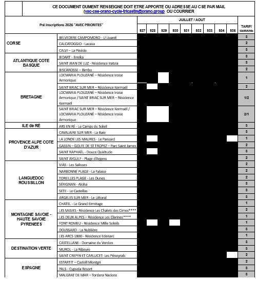 DISPONIBILITES MOBIL-HOMES APPARTEMENTS CHALETS CSE JUILLET 