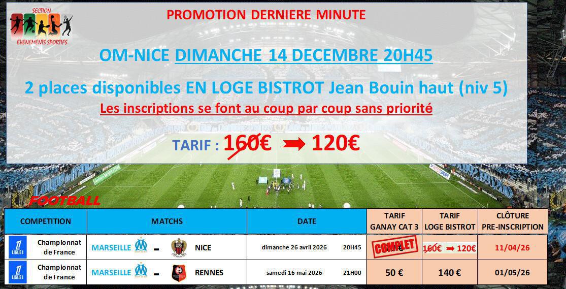 PROMOTION DERNIERE MINUTE PLACE DISPONIBLE EN LOGE OM-NICE dim 26 avril 20h45