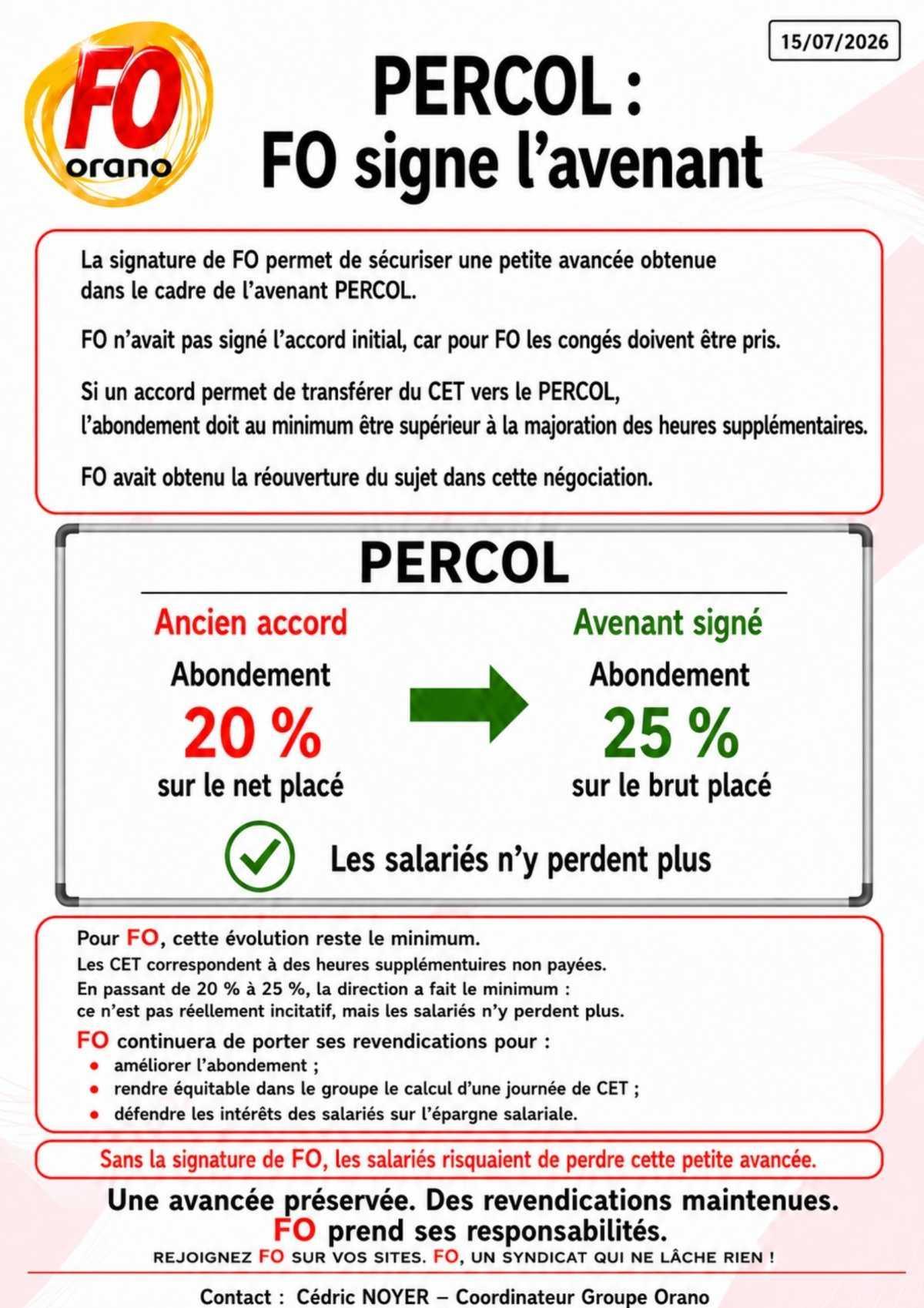 FO signe le PERCOL