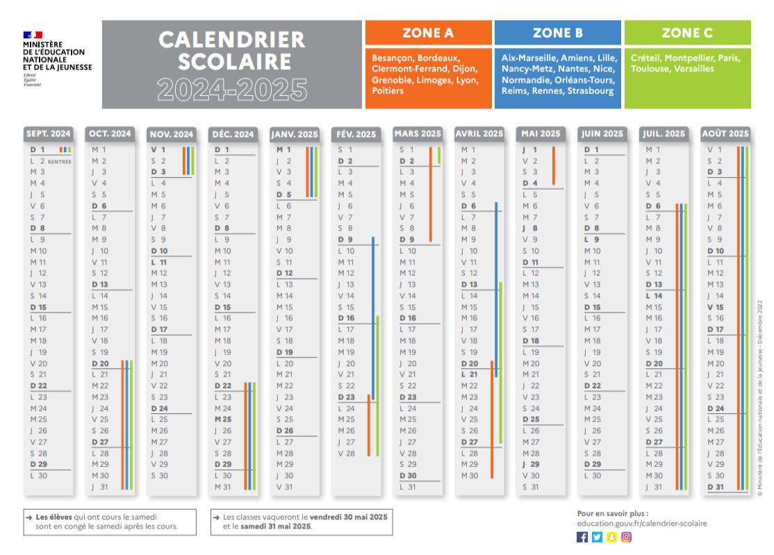 Calendrier scolaire 2024-2025