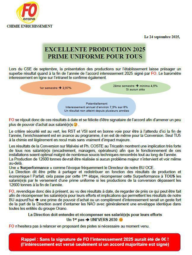 FO OCE Excellente production 2025 - Prime pour TOUS