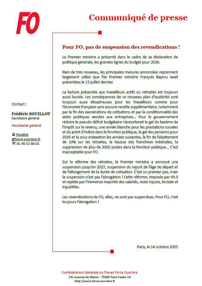  Pour FO, pas de suspension des revendications !