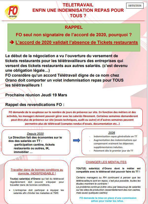 Télétravail : Indemnisations repas pour tous, revalorisation des indemnités, paiement des le 1er jour , conditions de travail, etc... 