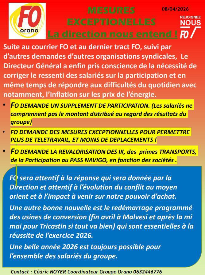 FO obtient gain de cause . on attend les modalités ( FO préfère en toute logique de la participation supplémentaire , mais est ouvert sur les modalités)