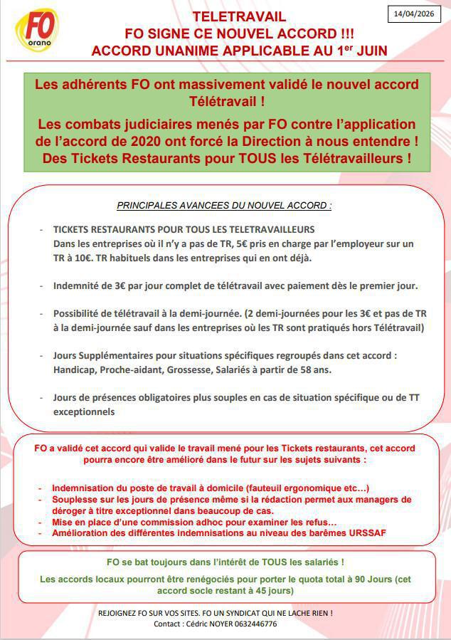 Télétravail : FO signe le nouvel accord qui sera applicable au 1er Juin !
