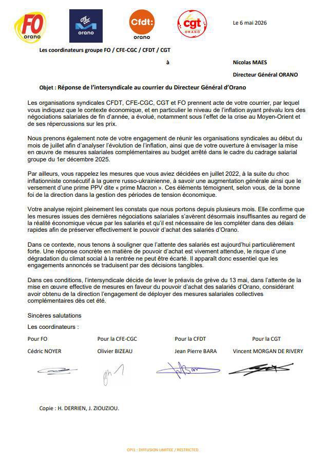 L’intersyndicale CFDT / CFE-CGC / FO / CGT : Mesures complémentaires de préservation du pouvoir d'achat des salariés du groupe ORANO 