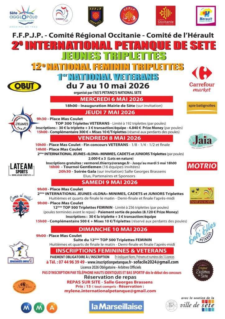 National vétérans, International jeunes et National féminin - Sète Pétanque 2026