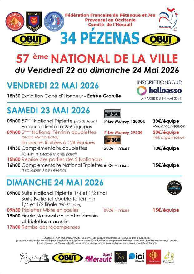 National vétérans, International jeunes et National féminin - Sète Pétanque 2026
