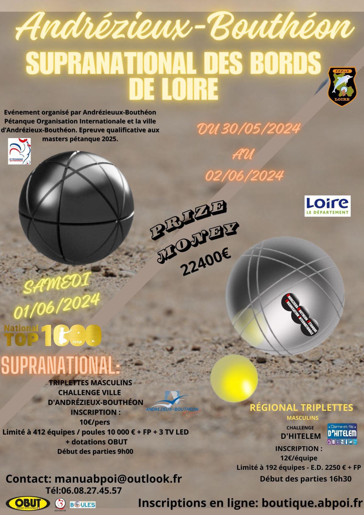 National Triplette Open des Bords de Loire 2024 - TOP 1000 Pétanque - Par poules - Challenge Ville d'Andrézieux-Bouthéon National Triplette Open des Bords de Loire 2024 - TOP 1000 Pétanque - Par poules - Challenge Ville d'Andrézieux-Bouthéon