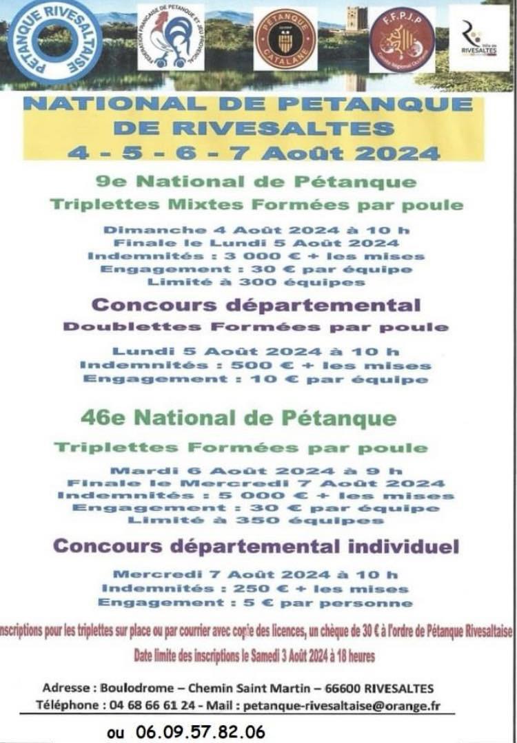 National Triplette Mixte de Rivesaltes 2024 - TOP 300 Pétanque - Par poules National Triplette Mixte de Rivesaltes 2024 - TOP 300 Pétanque - Par poules