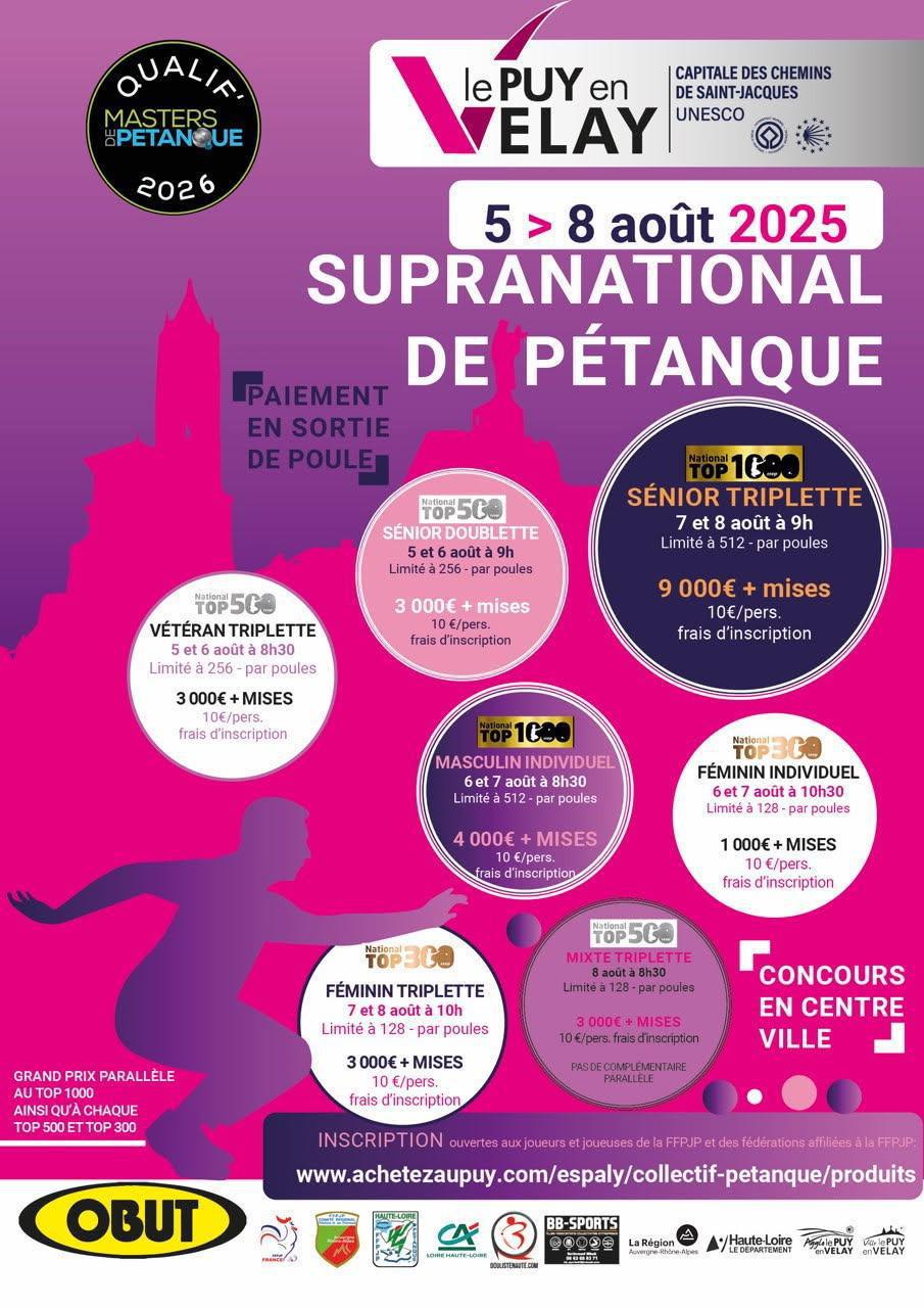 National doublette open de la ville du Puy-en-Velay 2025 - TOP 500 Pétanque - Par poules National doublette open de la ville du Puy-en-Velay 2025 - TOP 500 Pétanque - Par poules