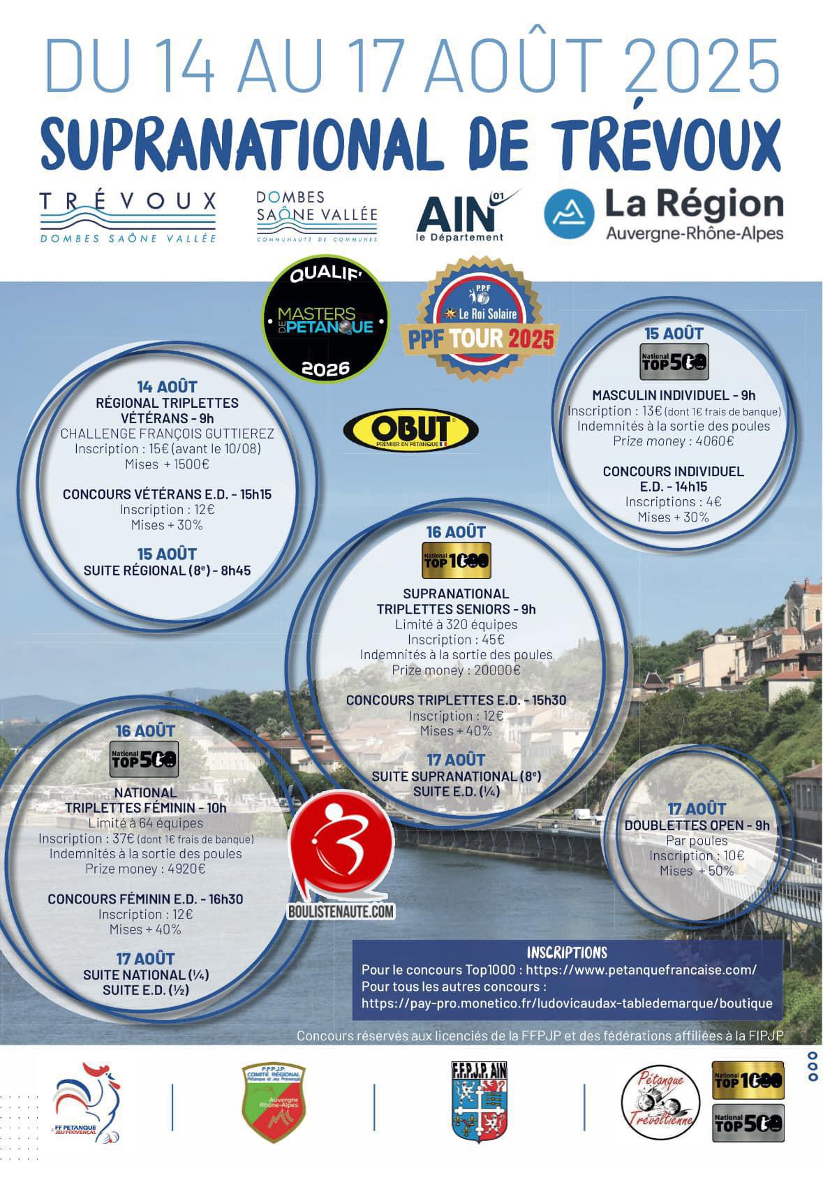 Ville de Trévoux : Supranational triplette open 2025 - TOP 1000 Pétanque - Par poules Ville de Trévoux : Supranational triplette open 2025 - TOP 1000 Pétanque - Par poules