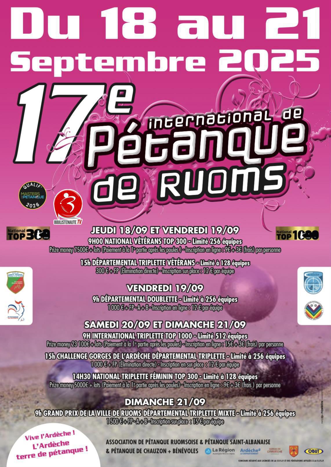 Ruoms : International triplette open 2025 - TOP 1000 Pétanque - Par poules