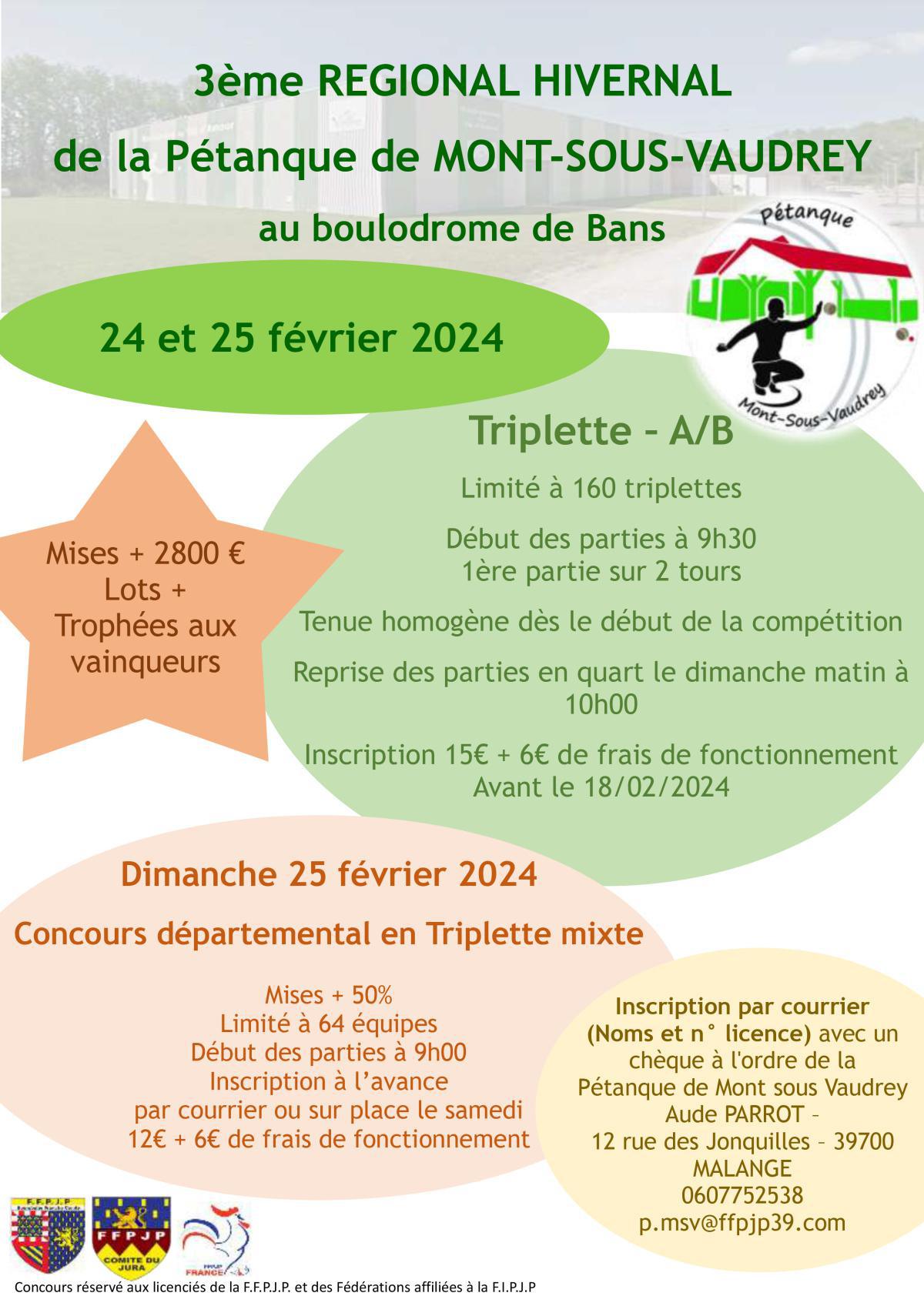 Mini Webtélé : Régional Hivernal Triplette 2024 de Mont-sous-Vaudrey - Pétanque au Boulodrome de Bans