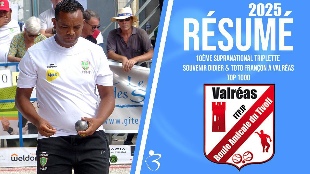 Résumé vidéo « Beaux gestes pétanque » - 10ème Supranational open triplette souvenir Didier & Toto Françon 2025 à Valréas - TOP 1000 Résumé vidéo « Beaux gestes pétanque » - 10ème Supranational open triplette souvenir Didier & Toto Françon 2025 à Valréas - TOP 1000