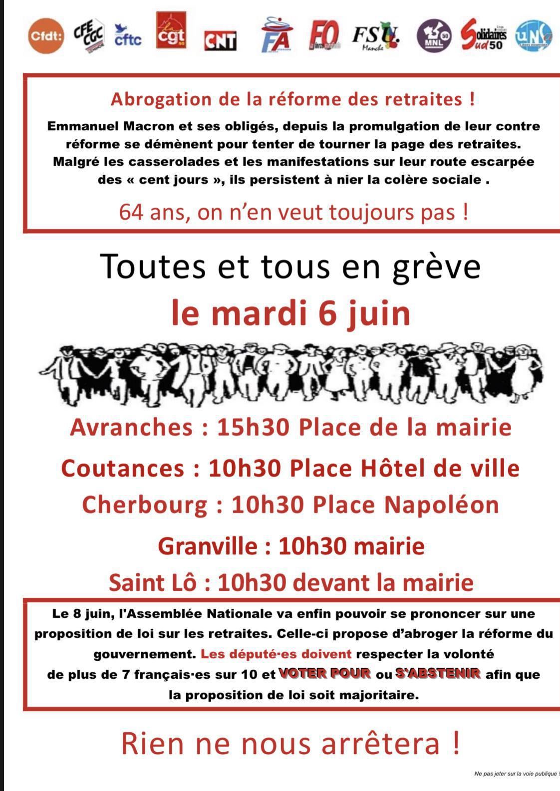 Loi retraites Abrogation ! Le 6 Juin on débarque ! Loi retraites Abrogation ! Le 6 Juin on débarque !