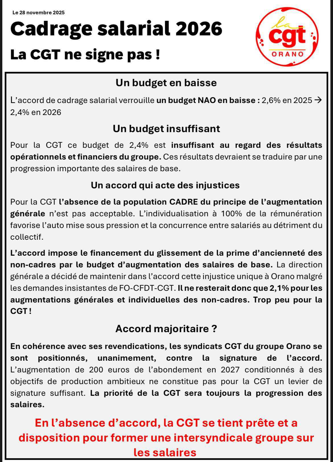 Cadrage salarial la CGT ne signe pas