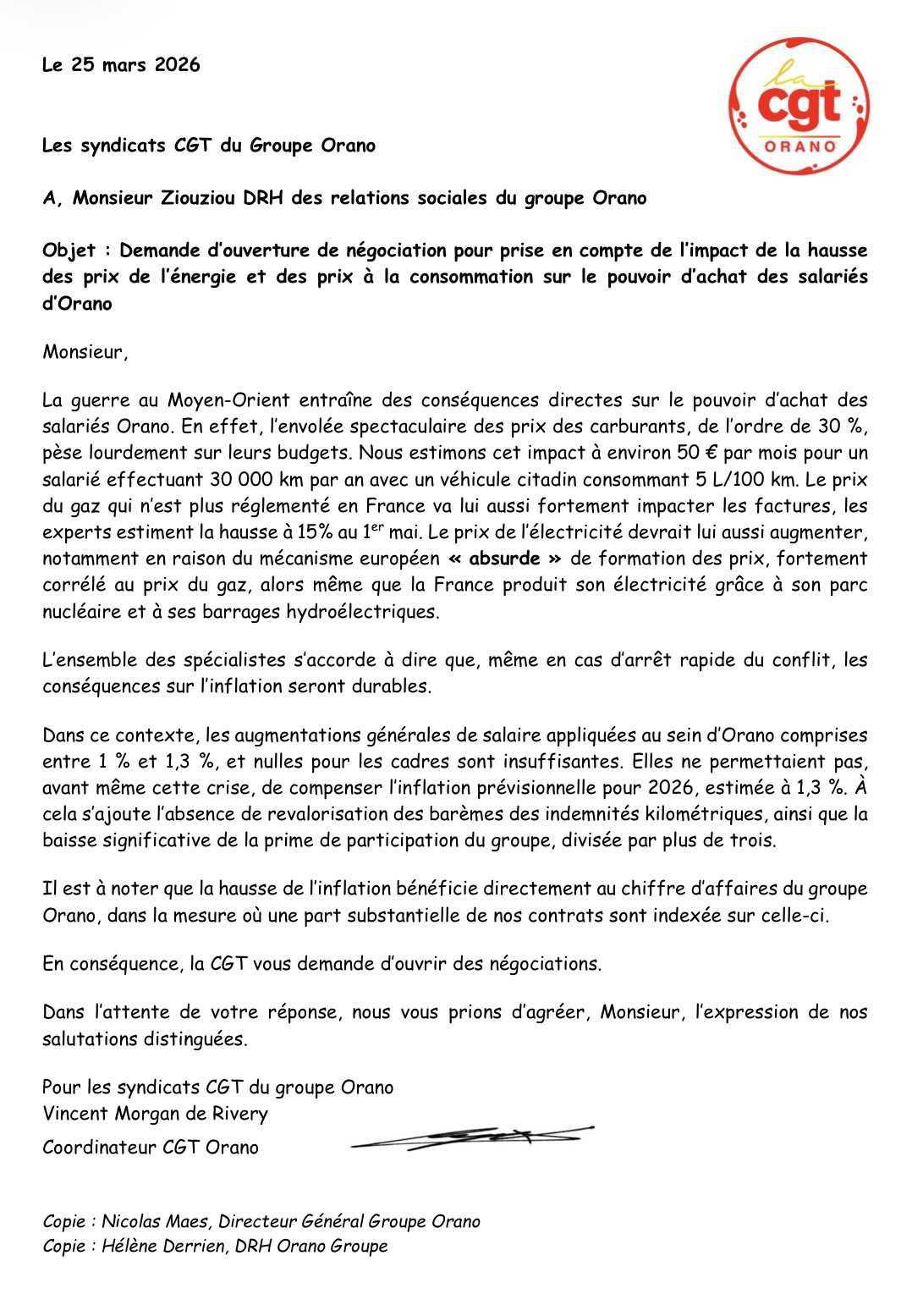 Demande d'ouverture de négociation sur le pouvoir d'achat des salariés d'ORANO
