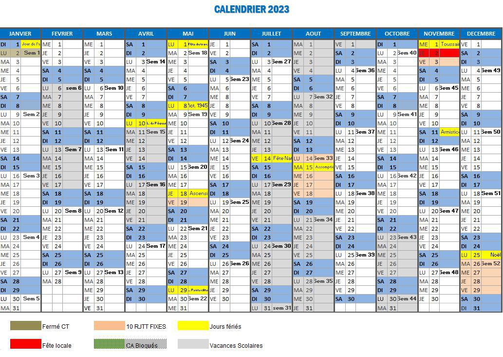 Calendrier Vacances et Fermetures de site