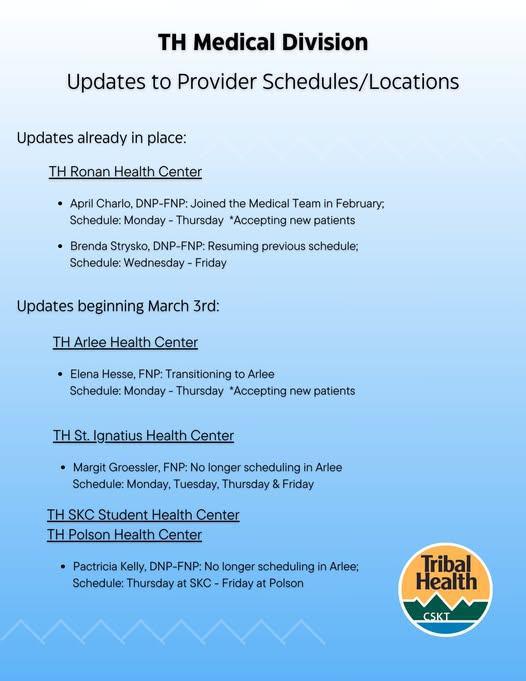 Important provider schedule/location updates