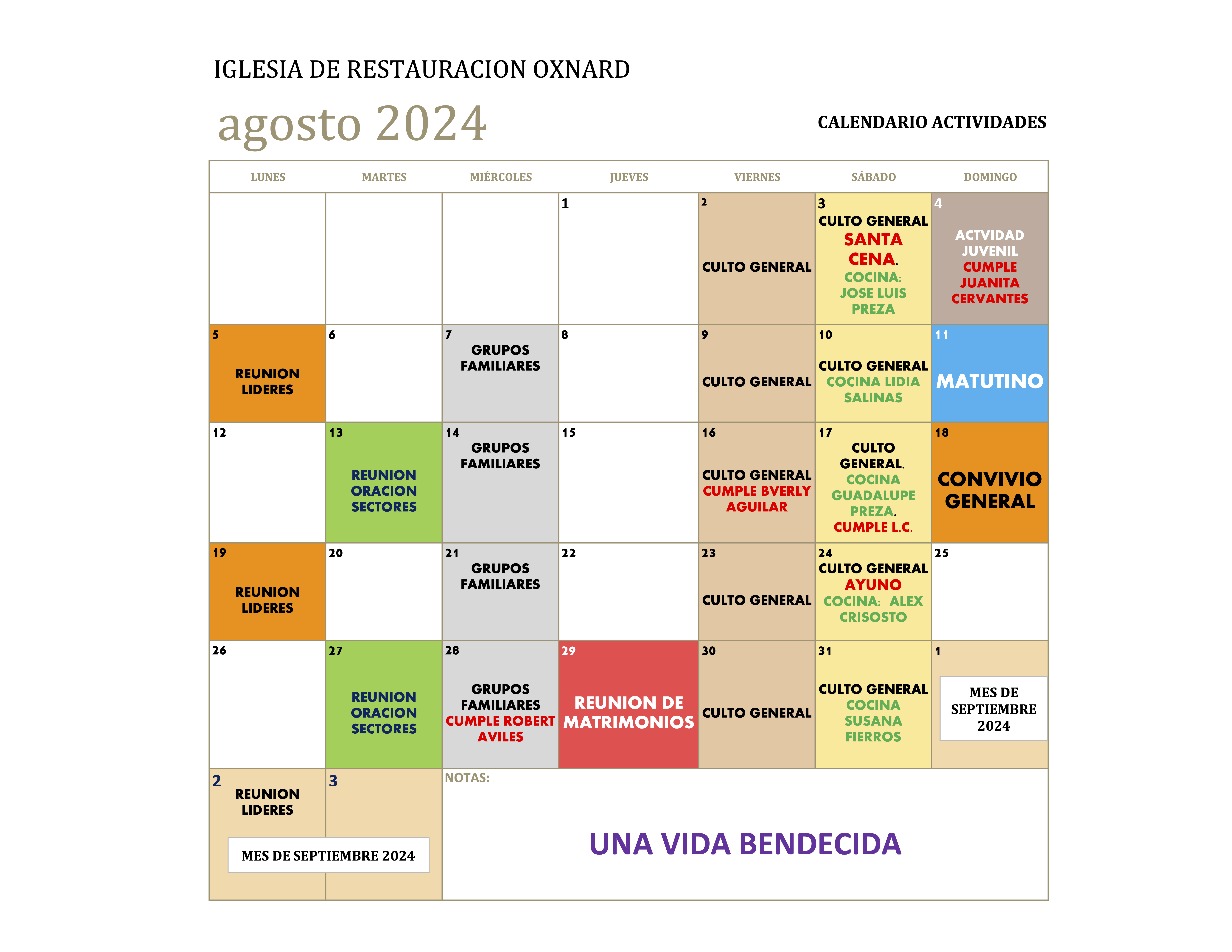 CALENDARIO MES DE AGOSTO 2024