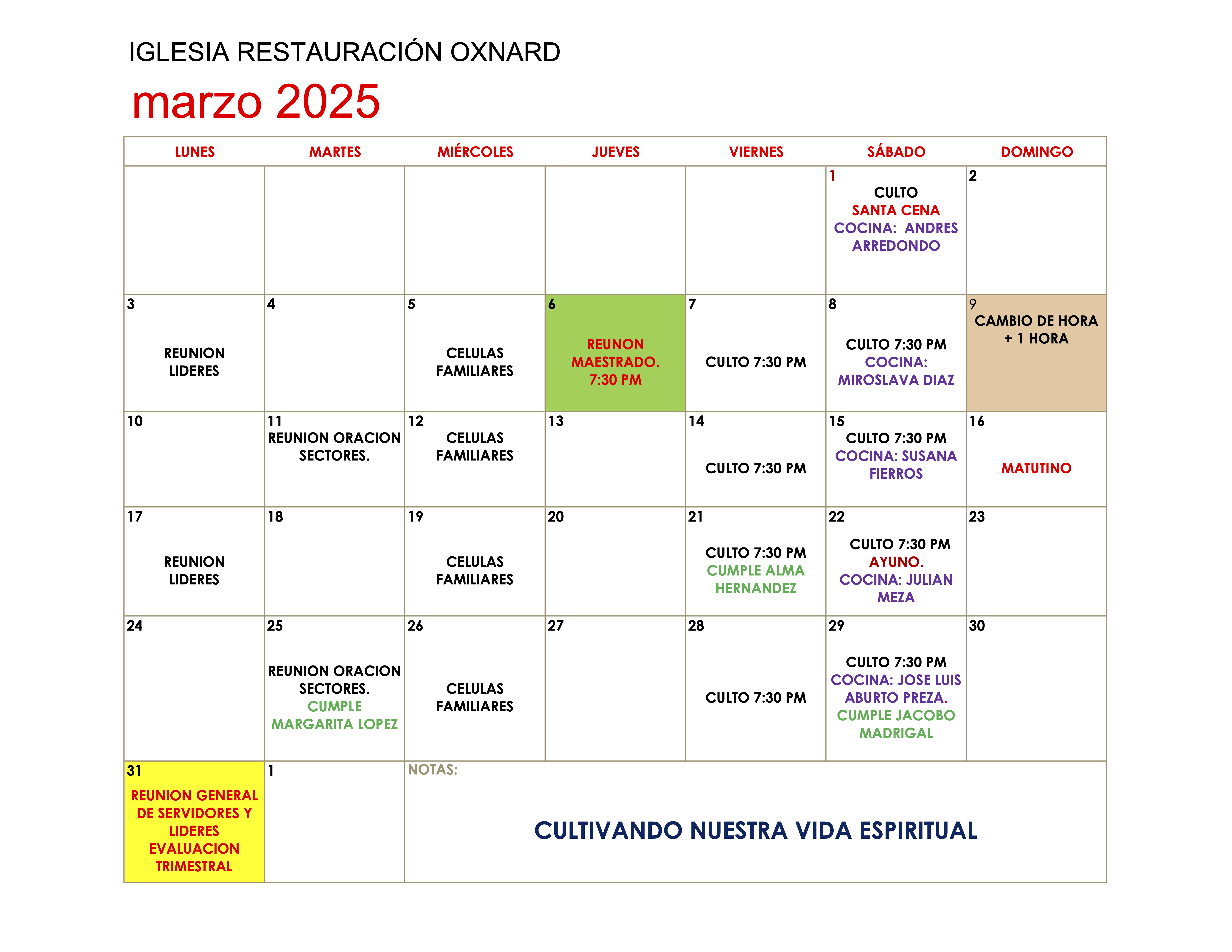 CALENDARIO MES MARZO 2025