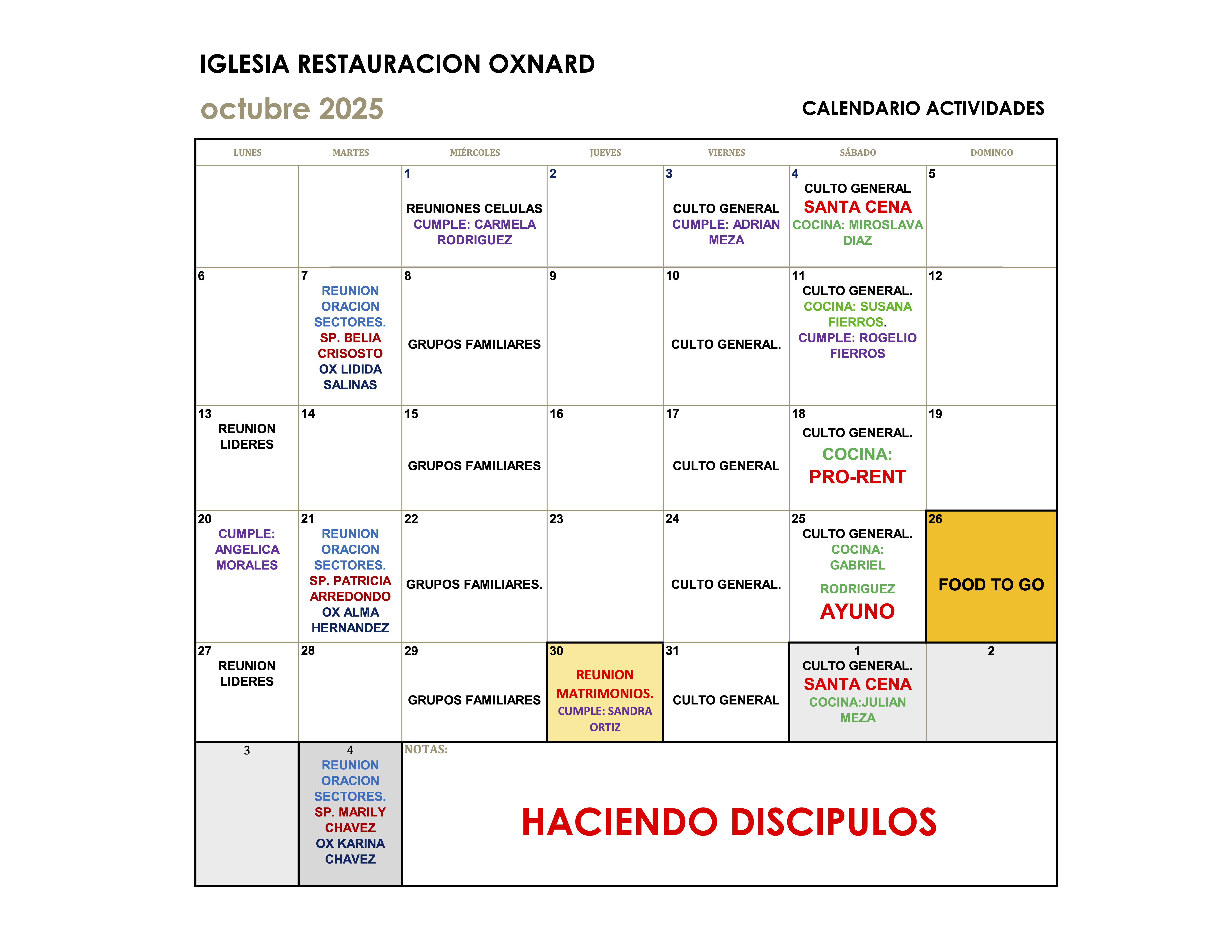 CALENDARIO DE OCTUBRE 2025