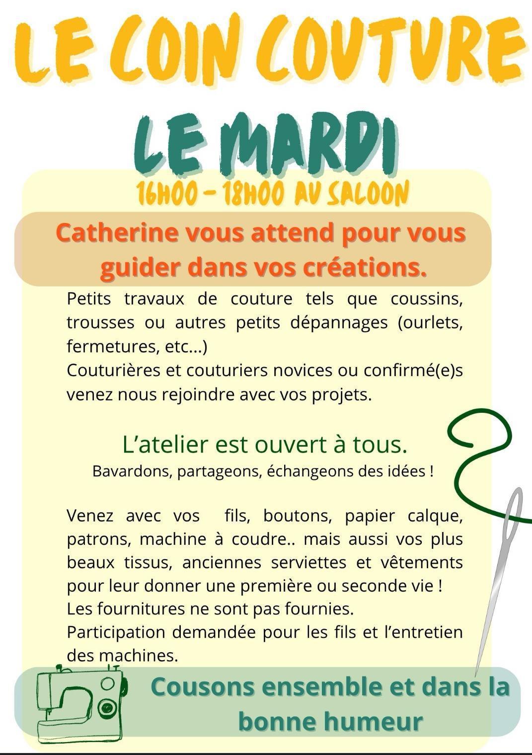 Atelier Couture : tous les mardis de 16 à 18 h