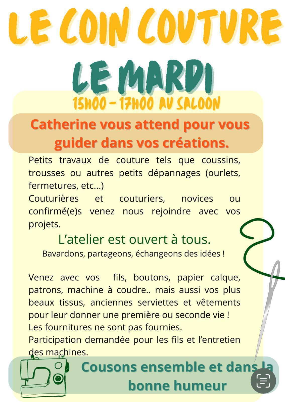 Atelier Couture : en septembre, tous les mardis de 15 à 17 h
