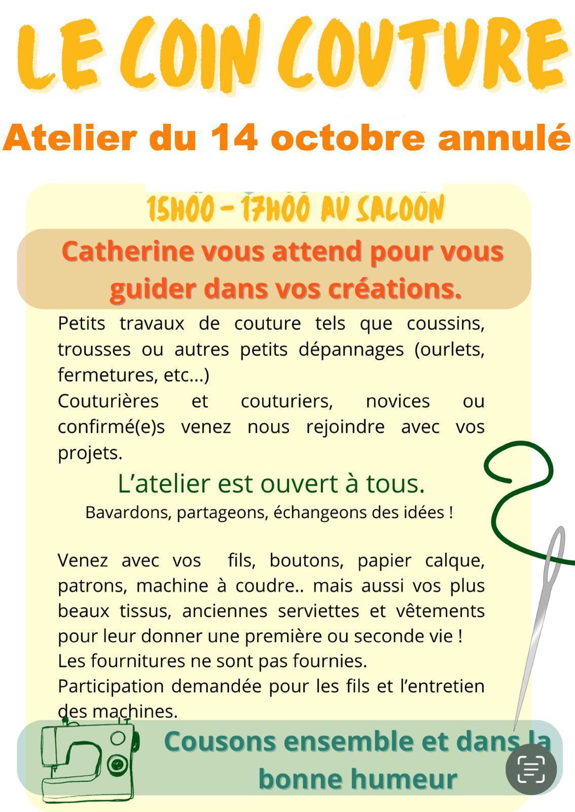 L'Atelier Couture de ce mardi 14 octobre est annulé