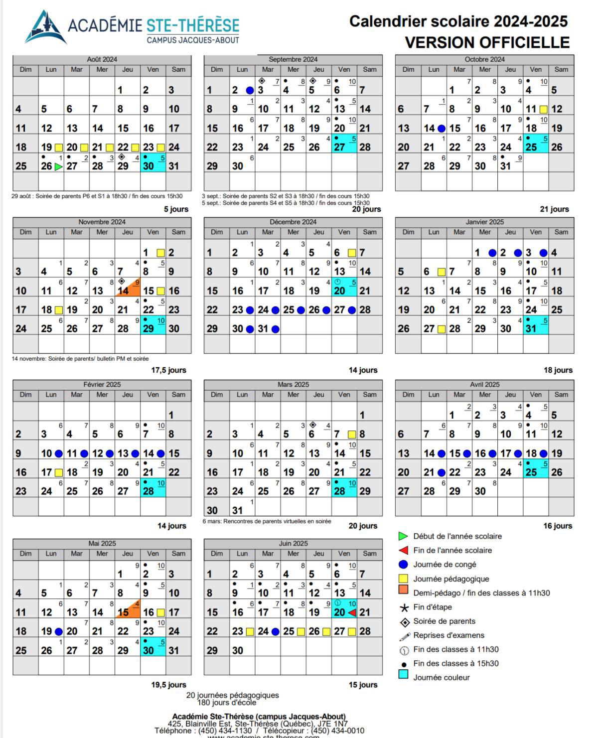 Calendrier scolaire 2024/2025