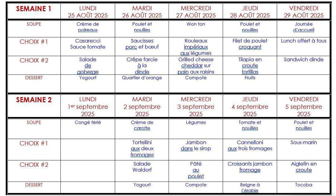 Menu du 25 août au 2 octobre 2025