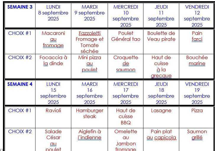 Menu du 25 août au 2 octobre 2025