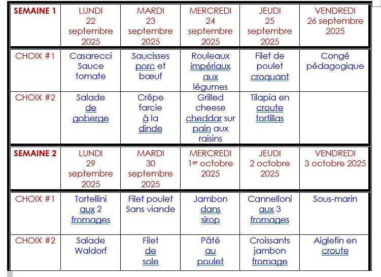 Menu du 25 août au 2 octobre 2025