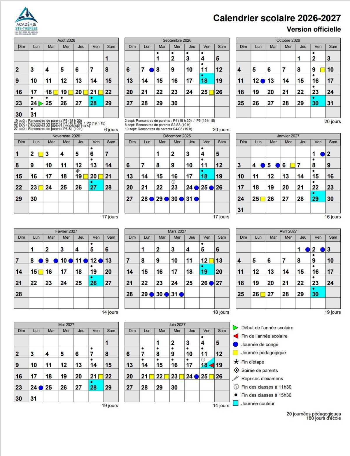 Calendrier scolaire 2026-2027 Calendrier scolaire 2026-2027