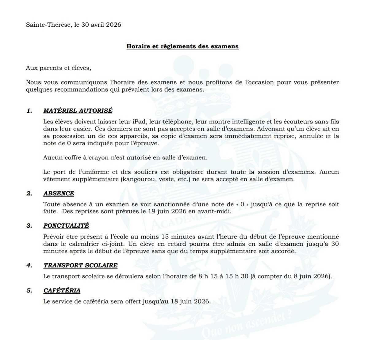 Horaire des examens de fin d'année