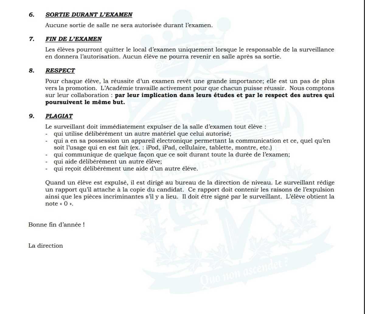 Horaire des examens de fin d'année