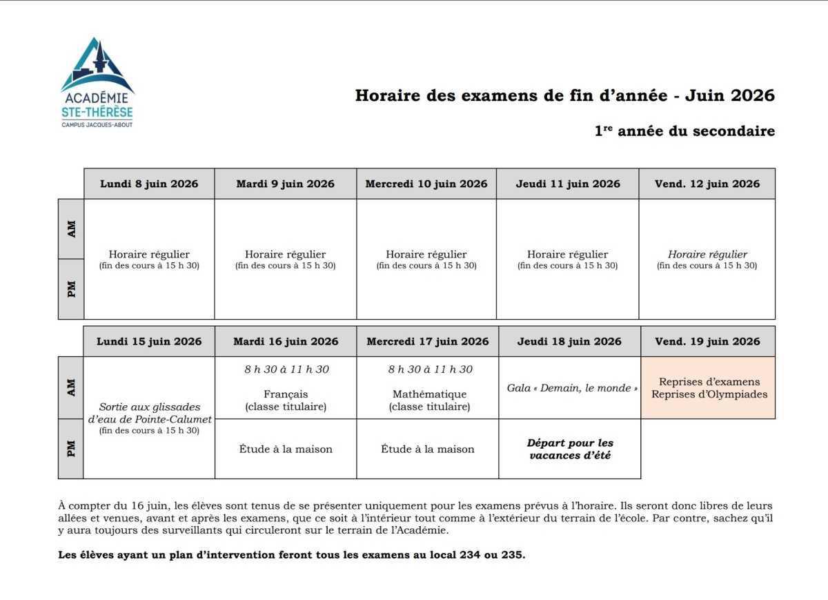 Horaire des examens de fin d'année