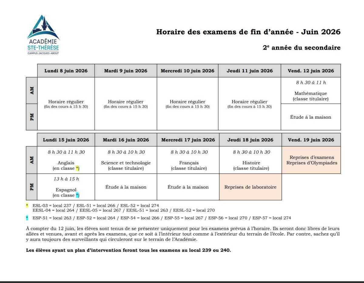 Horaire des examens de fin d'année