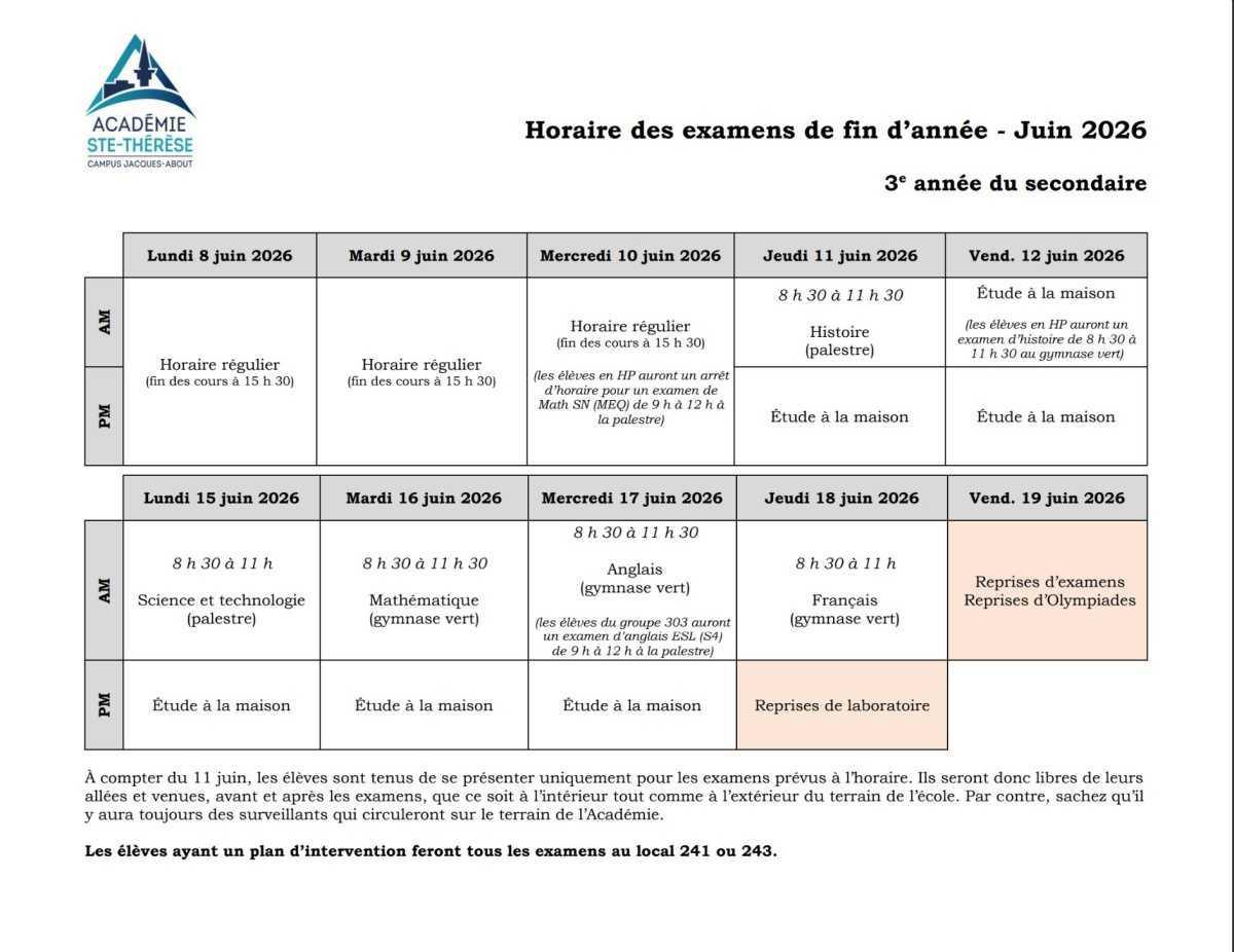 Horaire des examens de fin d'année