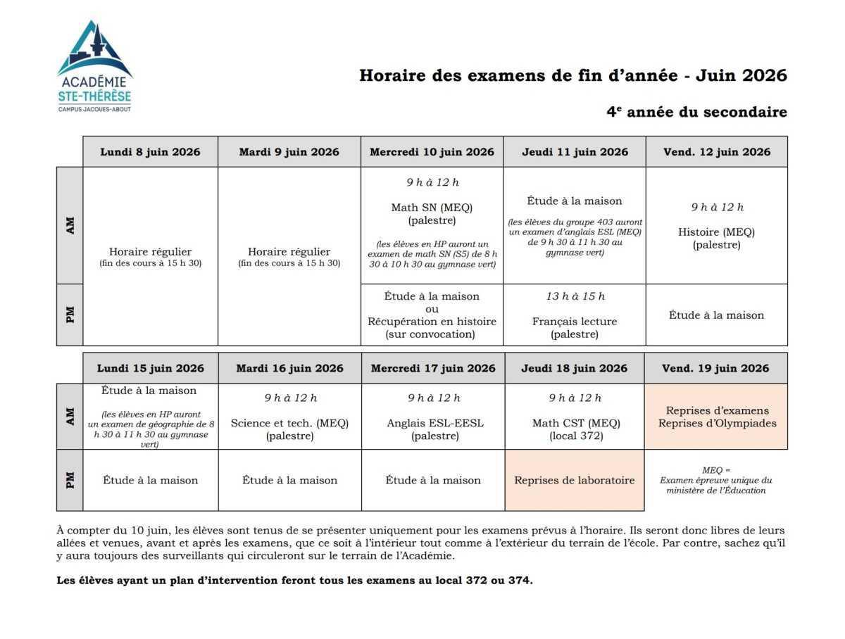 Horaire des examens de fin d'année