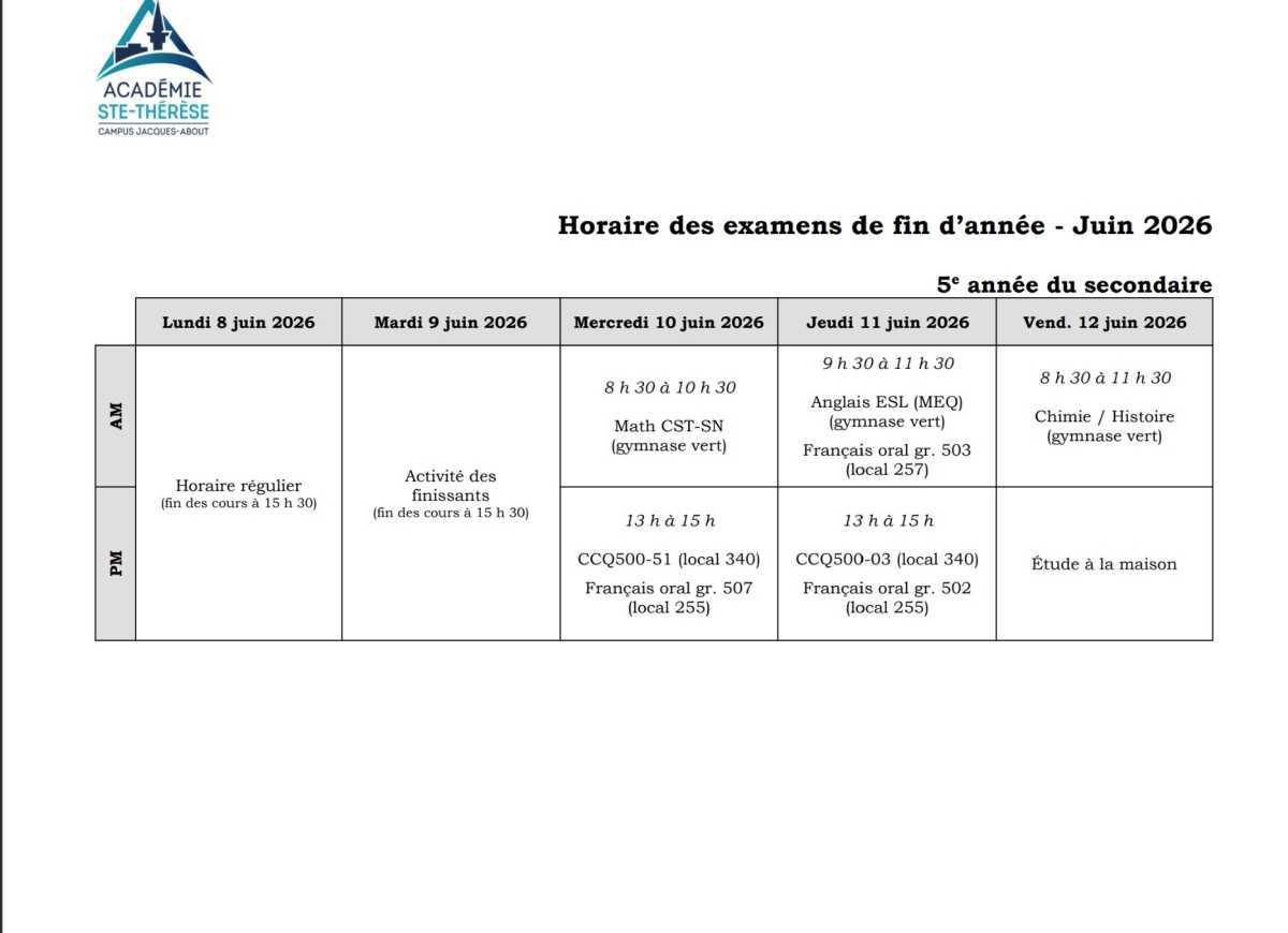 Horaire des examens de fin d'année