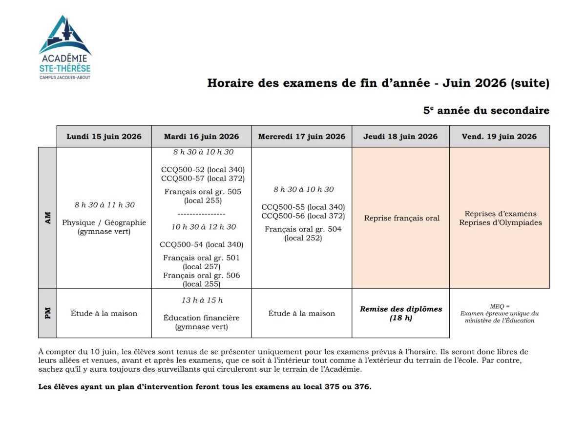 Horaire des examens de fin d'année