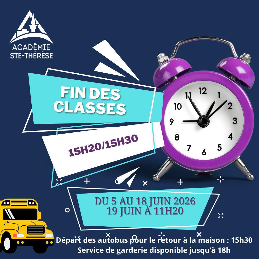 Horaire estival: 15h20/15h30 dès le 8 juin 2026