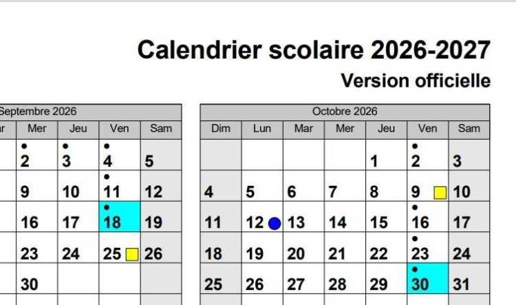 Calendrier scolaire 2026-2027