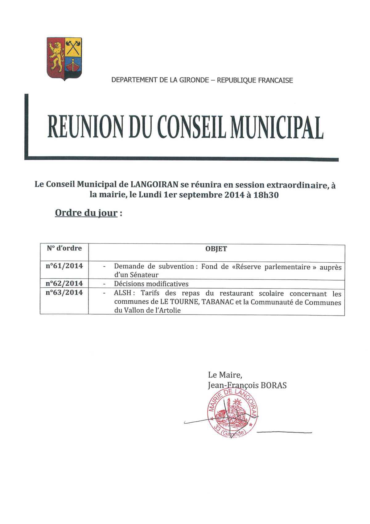 Conseil municipal du 01/09/2014