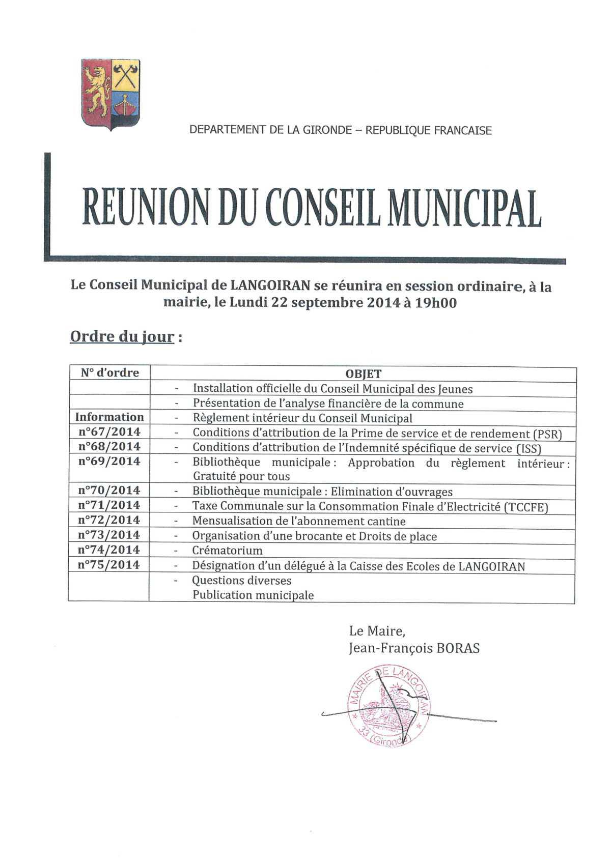 Conseil municipal du 22/09/2014