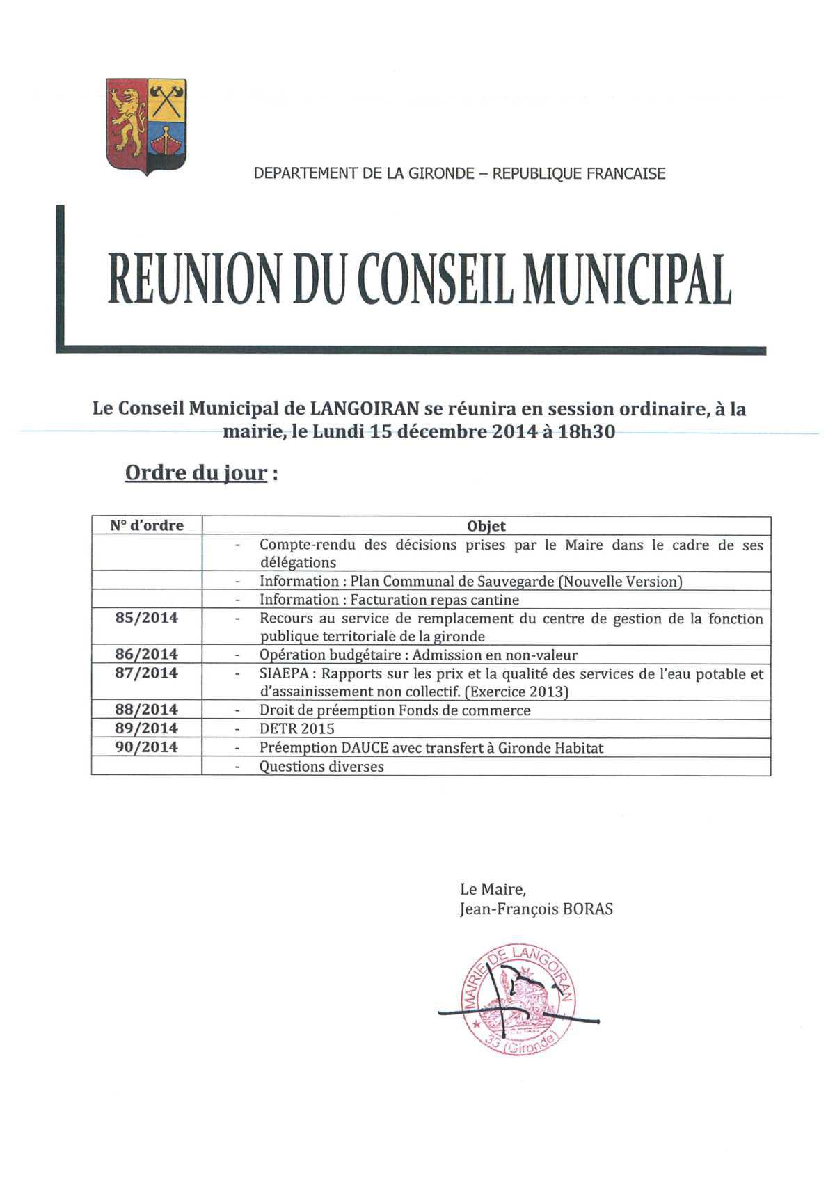 Conseil municipal du 15/12/2014